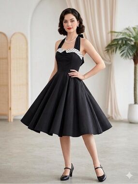 Vintage-Inspired Black Halter Swing Dress with Polka Dot Trim size small